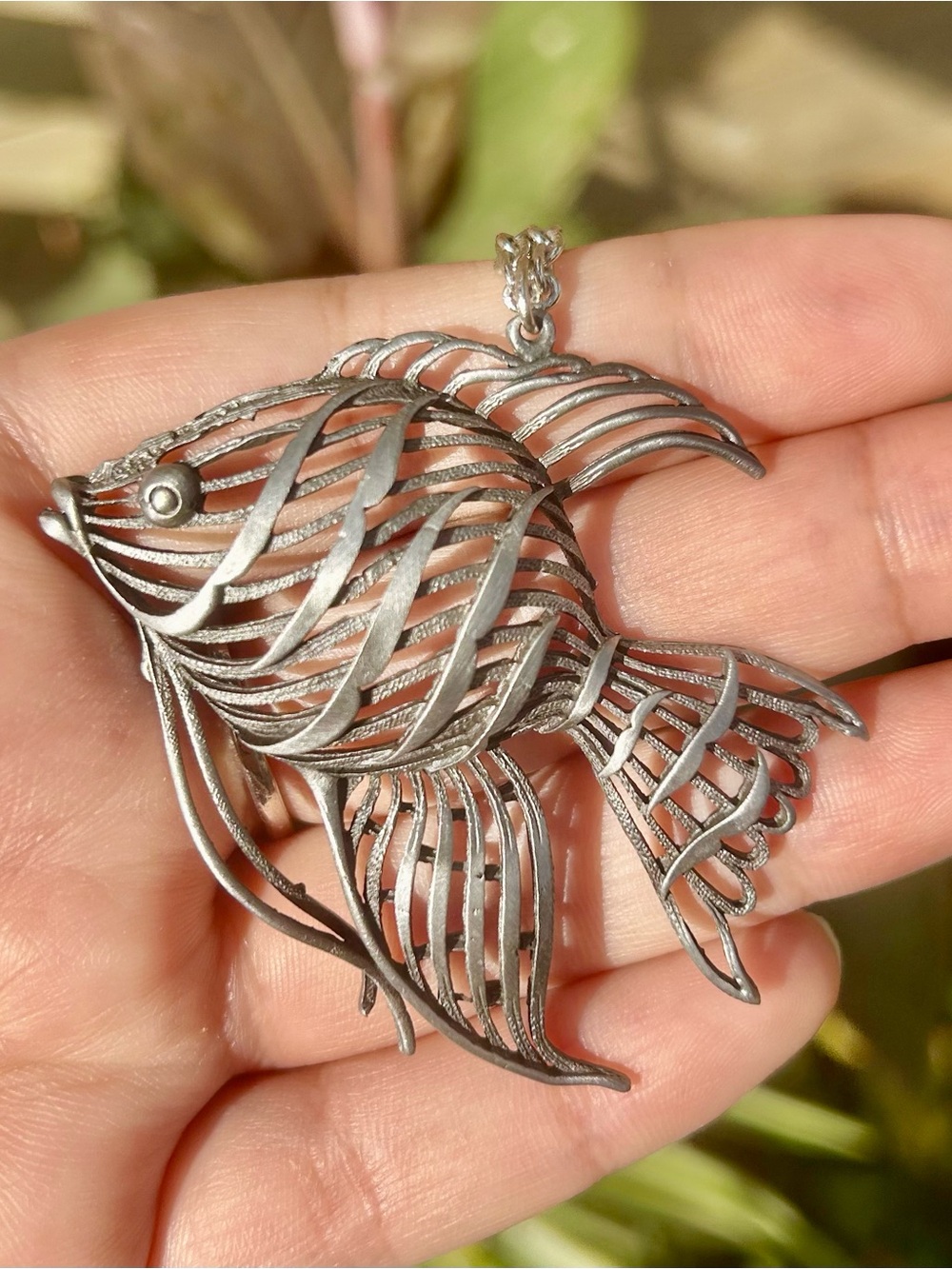 Vintage Silver Tone Angelfish Pendant Necklace | 23" Chain Openwork Statement